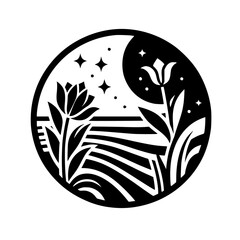 Yin-Yang Garden: A minimalist black and white circular design features stylized flowers, stars, moon, and a striped field, evoking balance and serenity.