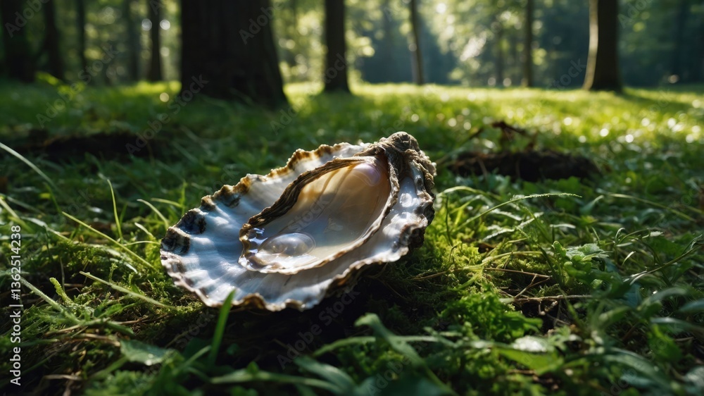 Poster a close-up of an open oyster shell resting on lush green grass in a serene forest setting.