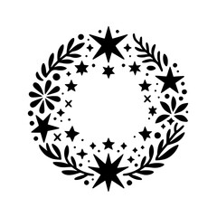 A symmetrical black and white wreath design featuring stars, floral elements, and simple botanical details, creating a festive and minimalist aesthetic.