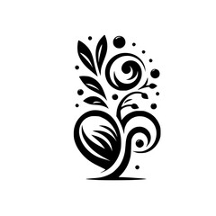 Minimalist Black and White Floral Design Featuring Swirls, Leaves, and Bubbles on a Clean White Background.