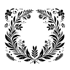 Intricate symmetrical black and white floral wreath design, showcasing stylized leaves, flowers, and dot details, creating a decorative circular border on a plain white background.