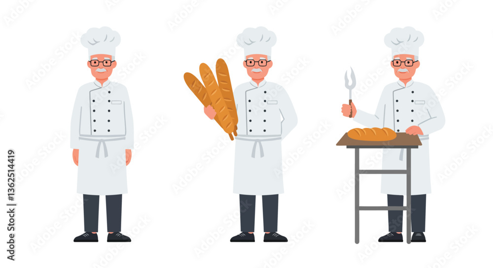 Poster chef character progression in flat design showcasing bread baking in vector art