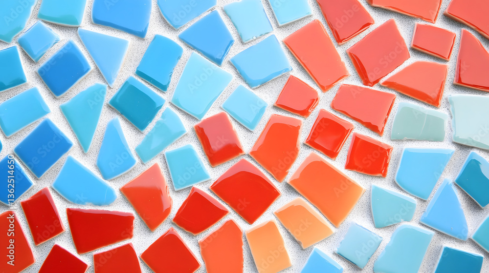 Poster A vibrant mosaic composed of various blue and red tiles arranged in a visually appealing pattern