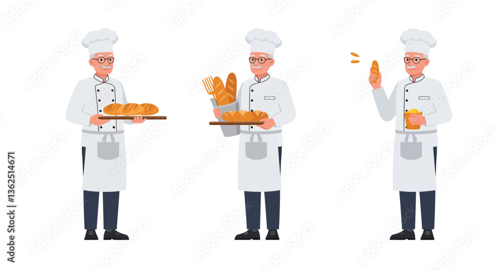 Poster chef character illustration in minimal style showcasing bread preparation and serving vector art