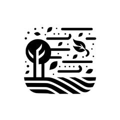 Monochrome illustration depicting a stylized tree and leaves blowing in the wind on a wavy ground, capturing autumn.