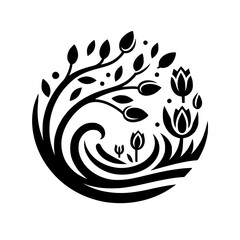 Circular, stylized black and white illustration featuring a blossoming tree with leaves and flowers, enclosed within a curved line design on a white background.