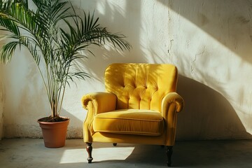 Fototapeta premium Yellow Velvet Armchair with Palm Tree, Illuminated by Sunbeam Against Textured Wall