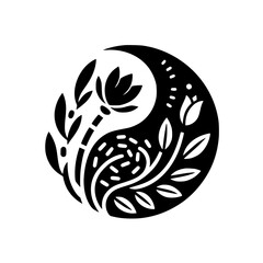 A black and white floral Yin-Yang illustration featuring stylized blossoms and leaves, creating a harmonious balance of nature and design.