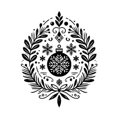 Intricate Black and White Christmas Ornament Design: Festive, Floral Frame with Snowflake-Centered Bauble and Decorative Embellishments.