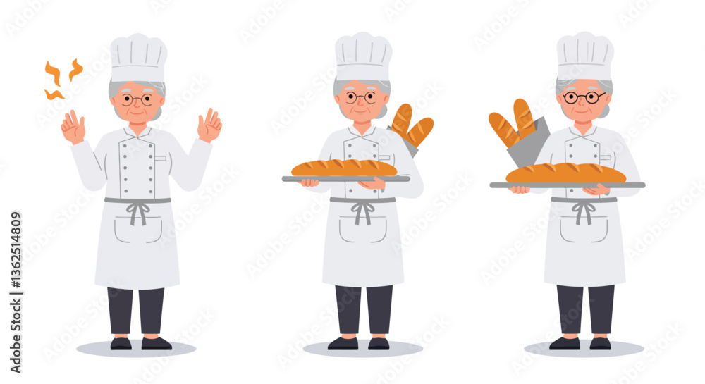 Poster chef character in three poses showcasing bread with flat vector art style