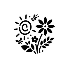 A graphic black and white spring scene featuring a stylized sun, flowers, butterflies, and foliage arranged in a circular composition against a clean white background.