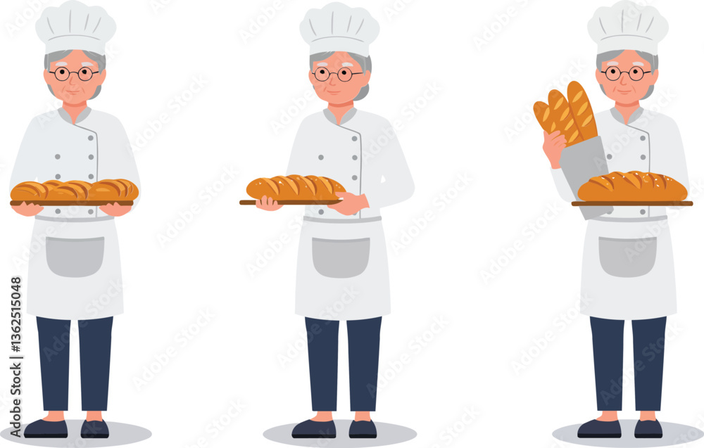Poster chef presenting fresh baked goods in minimal vector art style with multiple actions in vector illust