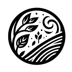 A minimalist black and white circular logo representing a stylized ecosystem, featuring leaves, a young plant, and rolling fields or waves, suggesting growth and nature.