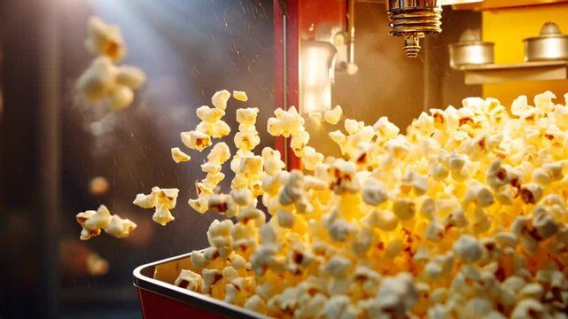 Delicious Popcorn Overflowing from a Vintage Popcorn Machine in a Cinematic Setting
