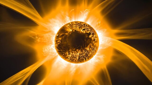 Captivating golden planet simulation: a fiery cosmic entity in abstract space