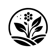 Simple, Black and White Floral Emblem: A stylized flower, leaves, and landscape elements are enclosed within a circular frame, conveying growth and nature.