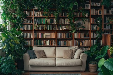 Cozy Home Interior with Bookshelf, Cream Sofa, Pillows, and Lush Green Indoor Plants