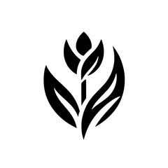 A stylized, minimalist black and white botanical illustration featuring a central stalk with leaves and a closed bud, set against a pristine white background, reminiscent of a logo design.
