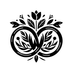 Elegant Black & White Floral Design: A Symmetrical Composition Featuring Leaves, Flower, and Infinity Loop Elements, Set Against a Clean White Background.
