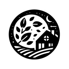 A serene night scene: a black and white minimalist illustration of a house beneath a leafy tree within a starry night circle.