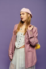 Expressing youthful elegance with a stylish spring ensemble in a vibrant studio setting