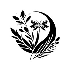A minimalist, black-and-white botanical illustration featuring a dragonfly, a crescent moon, and various stylized plant elements including leaves, berries, and ferns, set against a clean white backgro