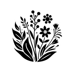 Minimalist Black and White Botanical Arrangement: Stylized Flowers, Leaves, and Berries in a Circular Composition on a Clean White Background.