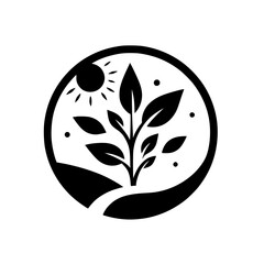 A minimalist black and white logo featuring a stylized plant within a circle, with a sun, landscape, and dots.