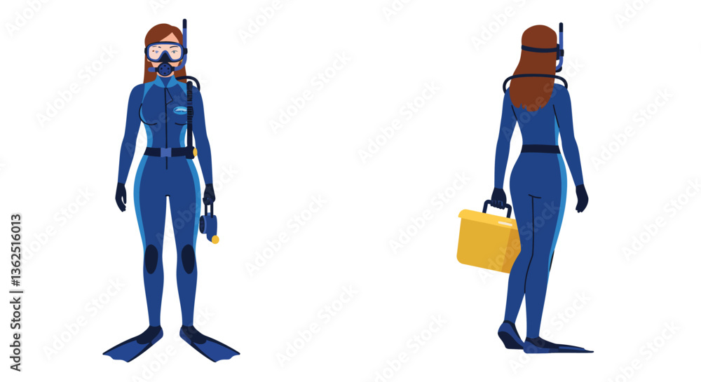 Poster diver character transformation from front to back view in flat vector art