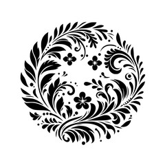 Intricate Black and White Floral Mandala: A Symmetrical Design of Leaves, Swirls, and Blossoms, Creating a Harmonious and Ornamental Composition on a Clean White Background.
