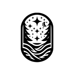 Black and White Silhouette: A starry nightscape inside a window, with stylized fir trees, a crescent moon, and wavy water. © MatandSterre