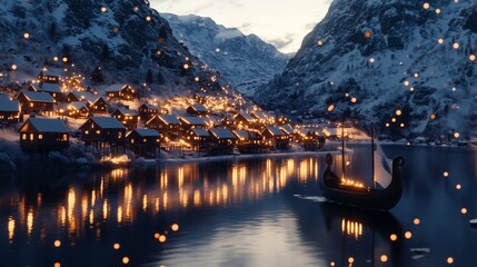 A Viking village nestled in a snowy mountain valley