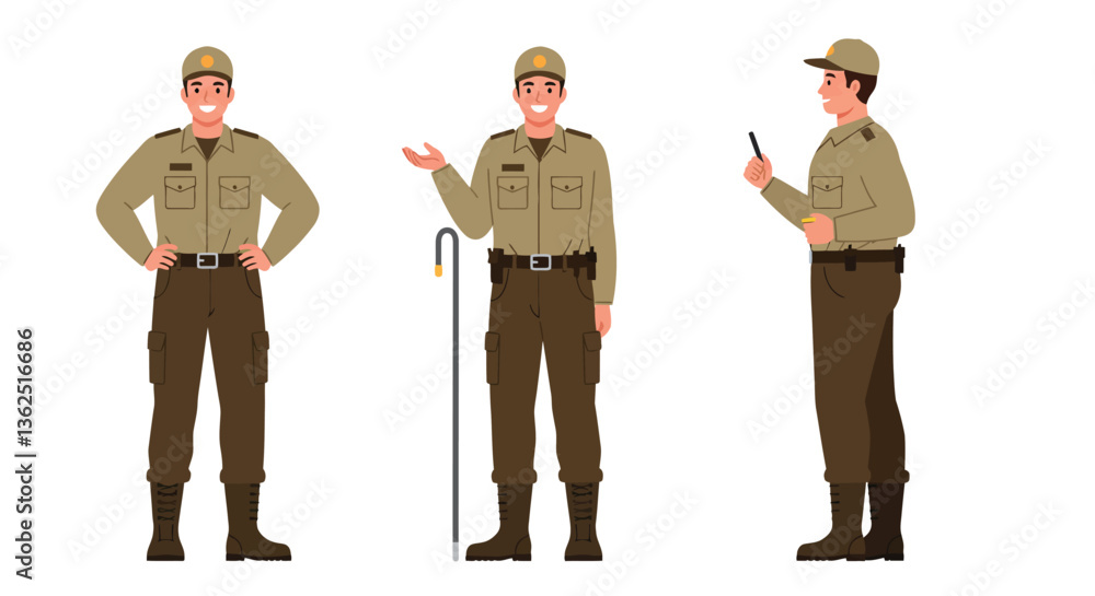 Poster character in military uniform showing different poses in flat vector art