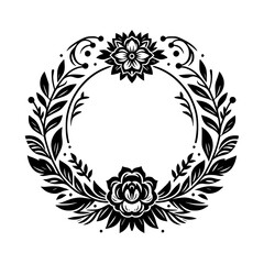 Elegant black and white floral wreath illustration with detailed leaves, two prominent flowers, and small circular accents on a white background, ideal for invitations and design.