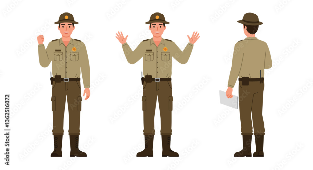 Poster park ranger character illustration in flat design showing three poses in vector art