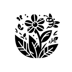 A Stylized Black and White Illustration: Bee and Flower Harmony, Depicting a Blooming Blossom, Butterflies, and Foliage.