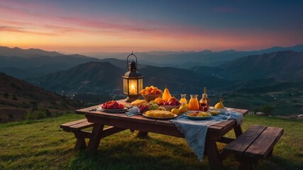A serene outdoor picnic at sunset with a variety of foods and a lantern.
