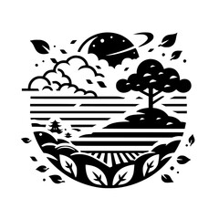 Stylized monochrome landscape illustration featuring a circular composition of trees, planet with ring, clouds, leaves, mountains and fields.