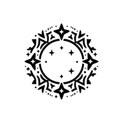 A minimalist, symmetrical black and white celestial design featuring a circle, stars, and stylized floral accents, perfect for logos or decorative elements.
