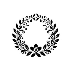 Elegant Black Floral Wreath with Leaves and Swirls, Circular Arrangement, Classic Design on White Background.