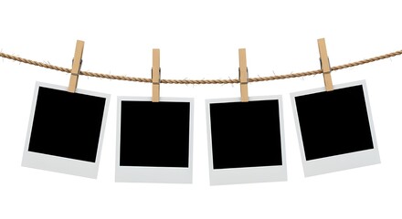 Blank photo frames hanging on a rope with clothespins