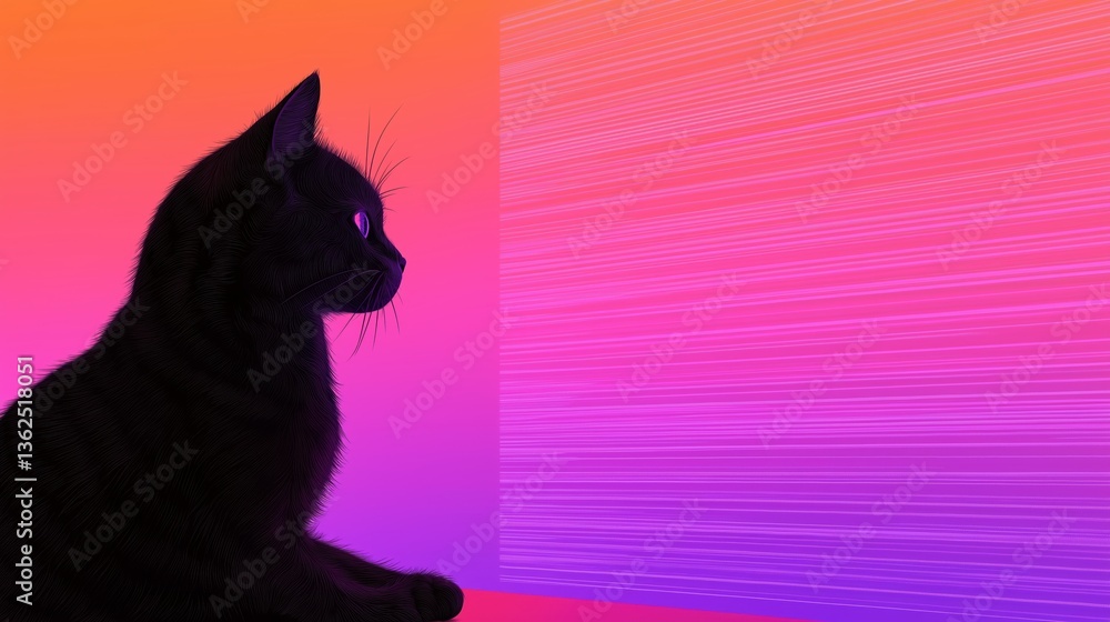 Poster silhouette of a black cat against a vibrant gradient background with soft lines and colorful shades
