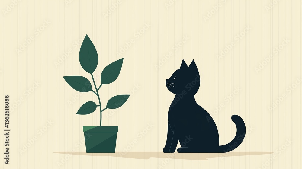 Poster Cat Staring at Green Plant in Minimalist Style with Soft Background Colors and Simple Design Elements