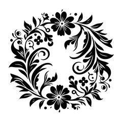 Intricate Black Floral Wreath: A symmetrical arrangement of stylized leaves, petals, and decorative flourishes creating a circular monochrome design on a white background.