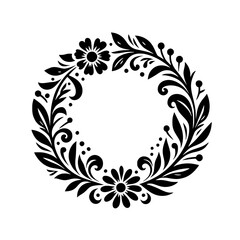 An elegant, symmetrical black floral wreath on white, featuring stylized flowers, leaves, and flourishes, creating a circular decorative border.