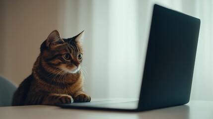Cat Concentrating on Laptop Screen in Cozy Indoor Environment with Soft Natural Light