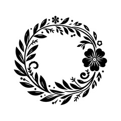 Intricate black and white floral wreath design, featuring leaves, flowers, and delicate flourishes arranged in a circular composition on a white background.