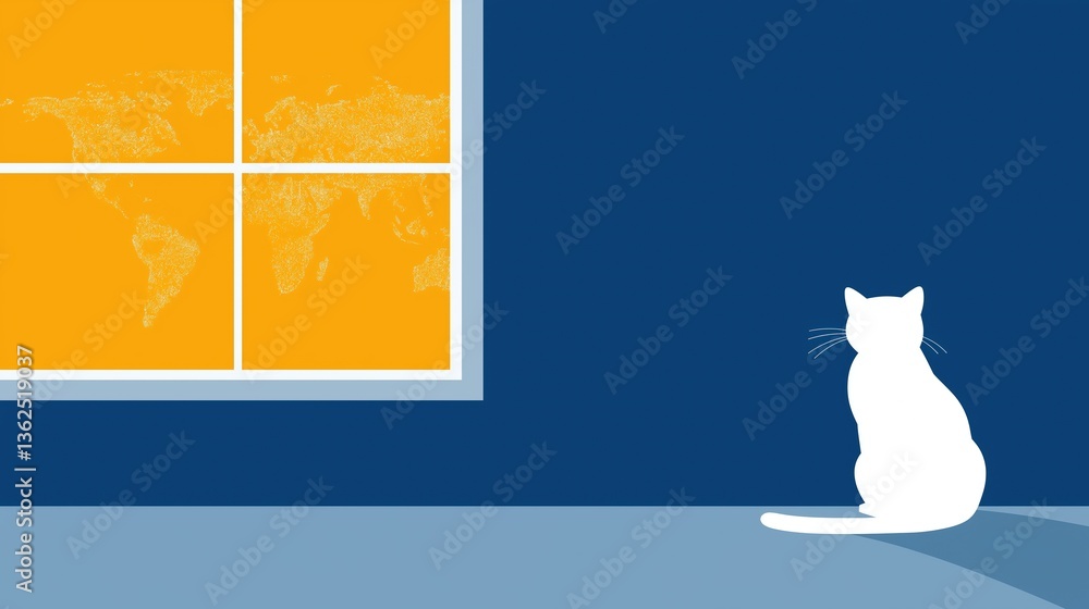Poster white cat sitting by window with map design and colorful background in minimalist indoor scene