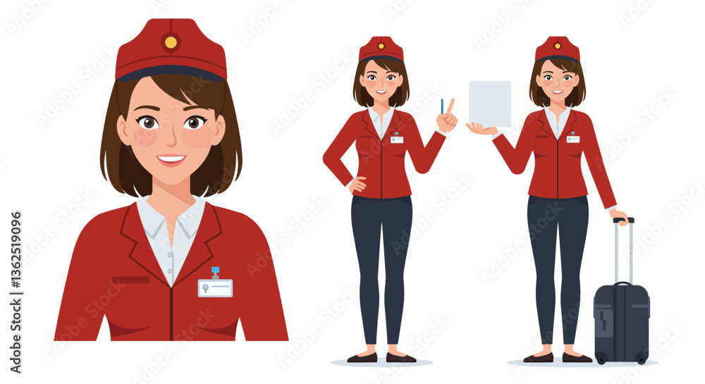 Poster airline employee character in flat style expressing service with vector art