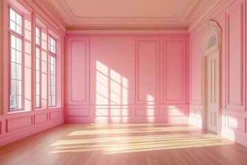 Obraz premium Pink Classic Empty Room with Wooden Floor, Decorative Walls, Windows, Sunlight, Door